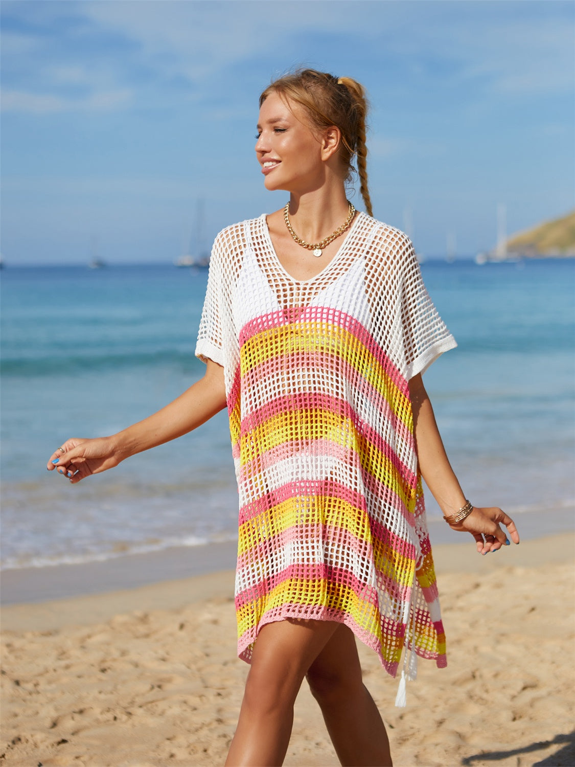 Cutout Striped Cover-Up with Tassel