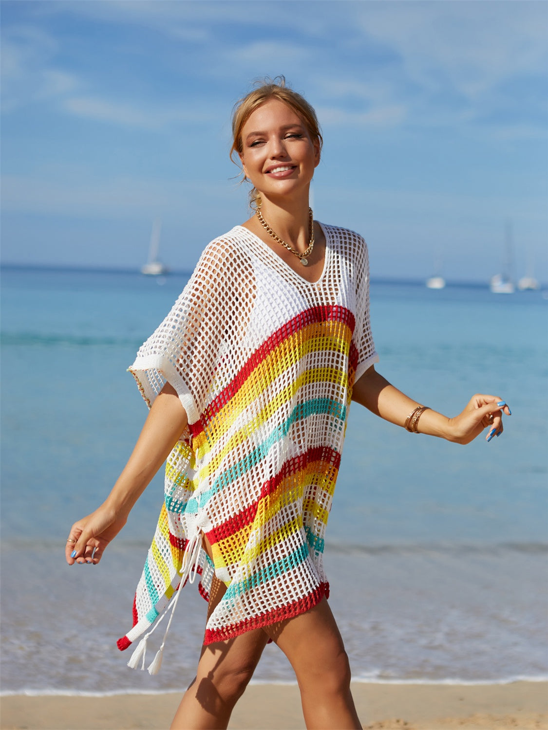 Cutout Striped Cover-Up with Tassel