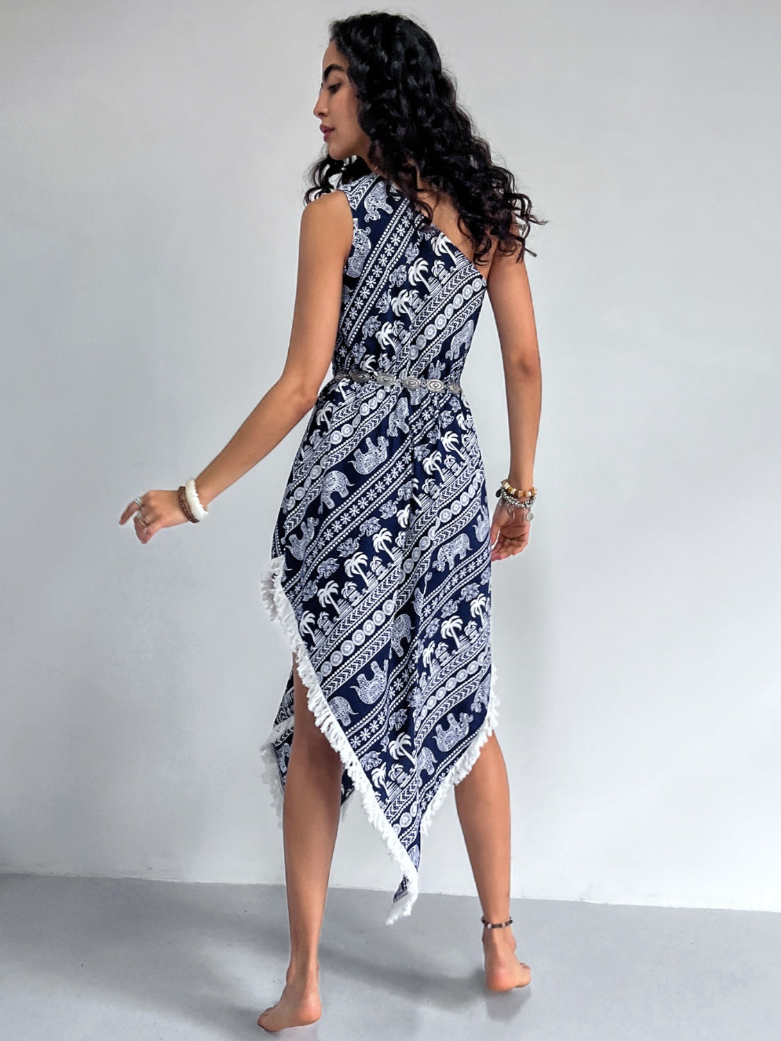 Fringe Printed Single Shoulder Dress
